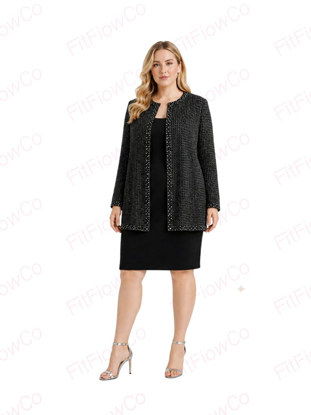 Adrianna Papell 3X Black Silk Beaded Evening Jacket Gunmetal Open Front NWT